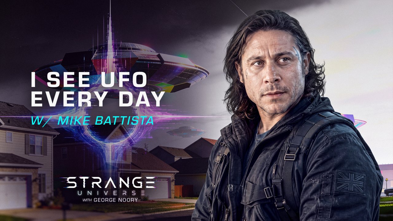 Mike Battista in conversation with George Noory on the Strange Universe set.