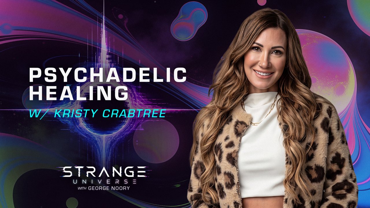 Kristy Crabtree in conversation with George Noory on the Strange Universe set.