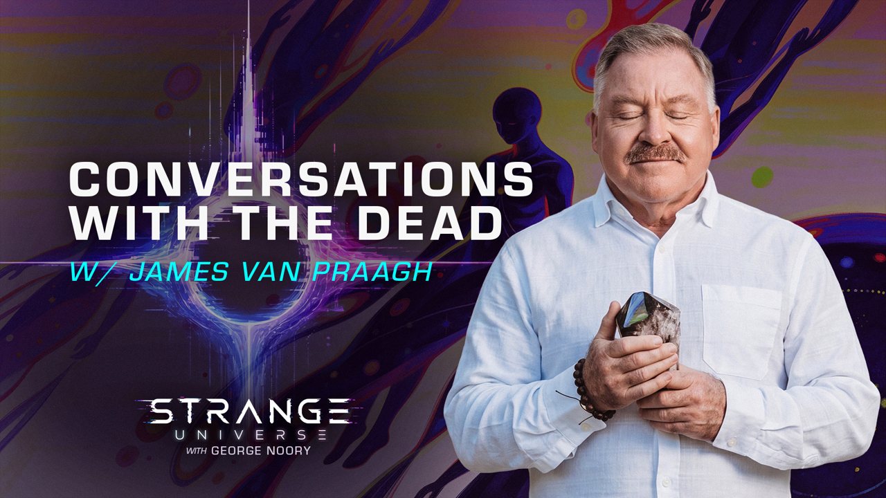 James Van Praagh speaking with George Noory on the Strange Universe set.